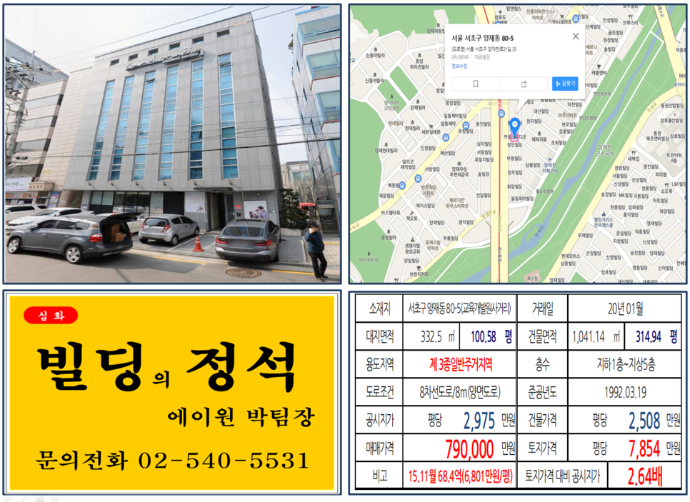  [서초구 대로변 오피스빌딩 실거래가 조회] 양재동 80-5 (교육개발원사거리) 79억 원, 평당 7,854만 원