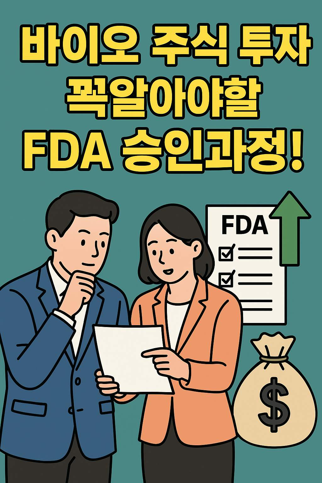 바이오 주식 투자 전 꼭 알아야 할 FDA 승인과정을 설명하는 일러스트. 남녀가 서류를 검토하고 있으며, 옆에 FDA 체크리스트와 상승 화살표, 달러 돈자루가 함께 배치되어 있다