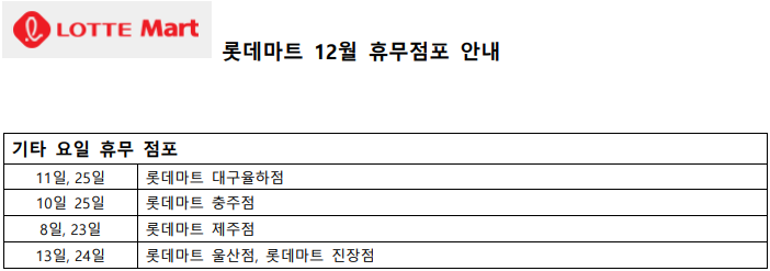 12월 롯데마트 휴무일 - 기타요일