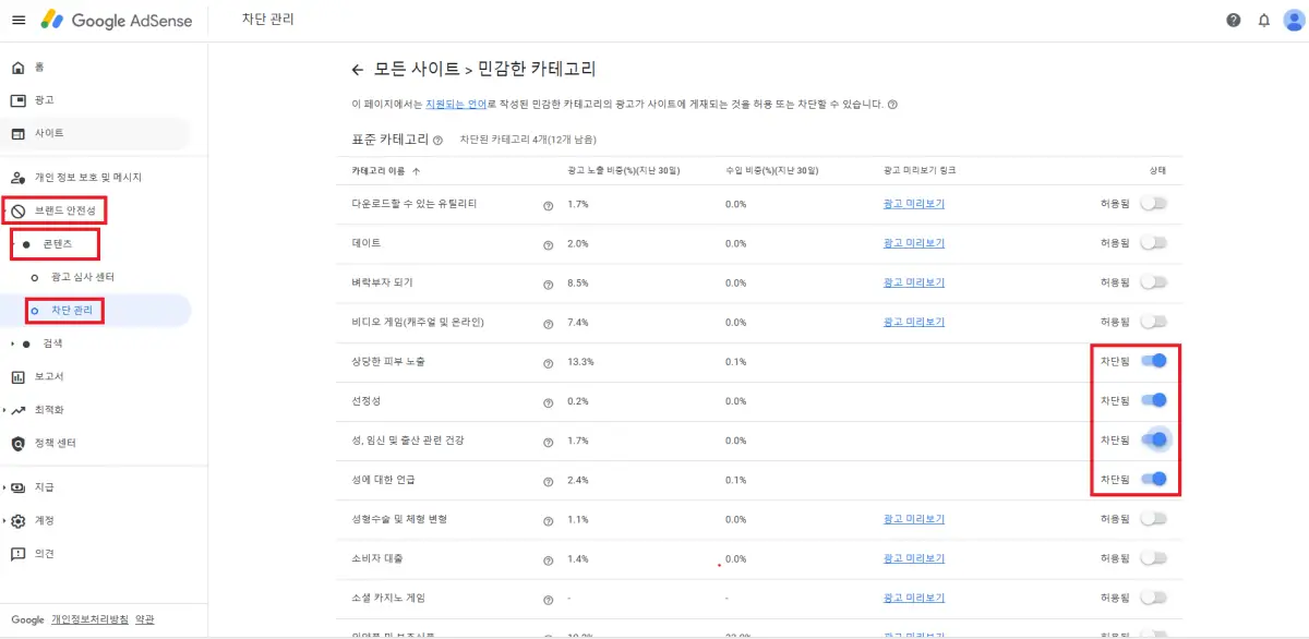 민감한 카테고리 차단 방법