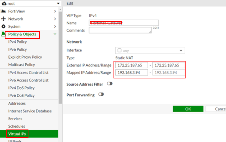 FORTIGATE DNAT 설정 (VIP)