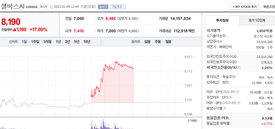  (108860)셀바스AI 주가 전망 AI관련주 급등 인공지능 관련주
