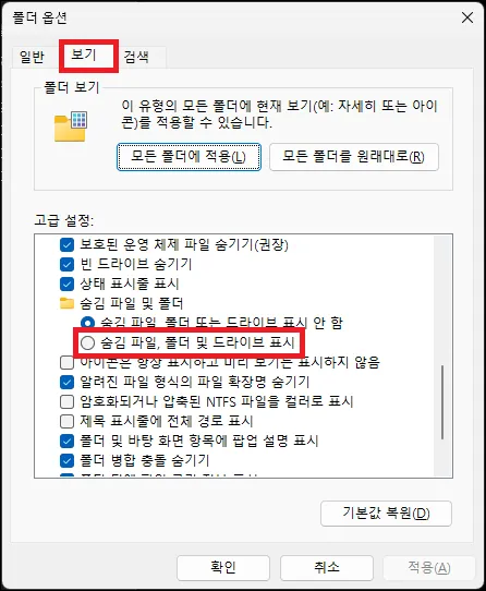 폴더 옵션에서 숨김 파일 표시하기