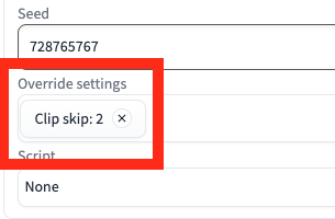Clip skip:2가 Override settings되어 있는 모습