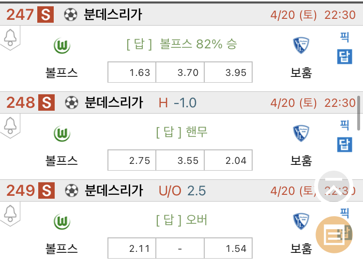  [진짜총판] 4월20일 볼프스 VS 보훔 해외축구분석