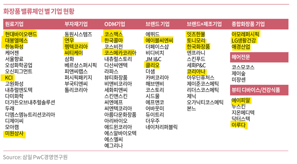 국내 화장품 산업 밸류체인별 주요 기업 현황 (출처 : 삼일PwC 경영연구원)