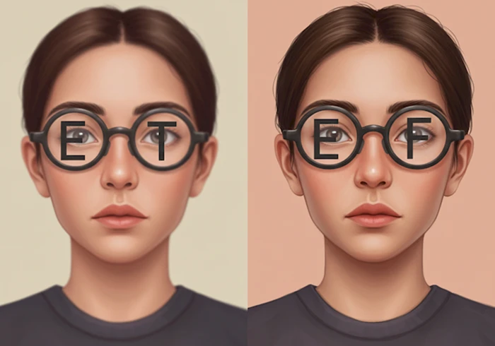 MBTI 알파벳(예: E, I, T, F)으로 만들어진 안경 너머로 흐릿하게 보이는 사람의 모습과, 안경을 벗고 친구의 얼굴을 선명하게 마주 보는 모습을 대비시킨 일러스트.
