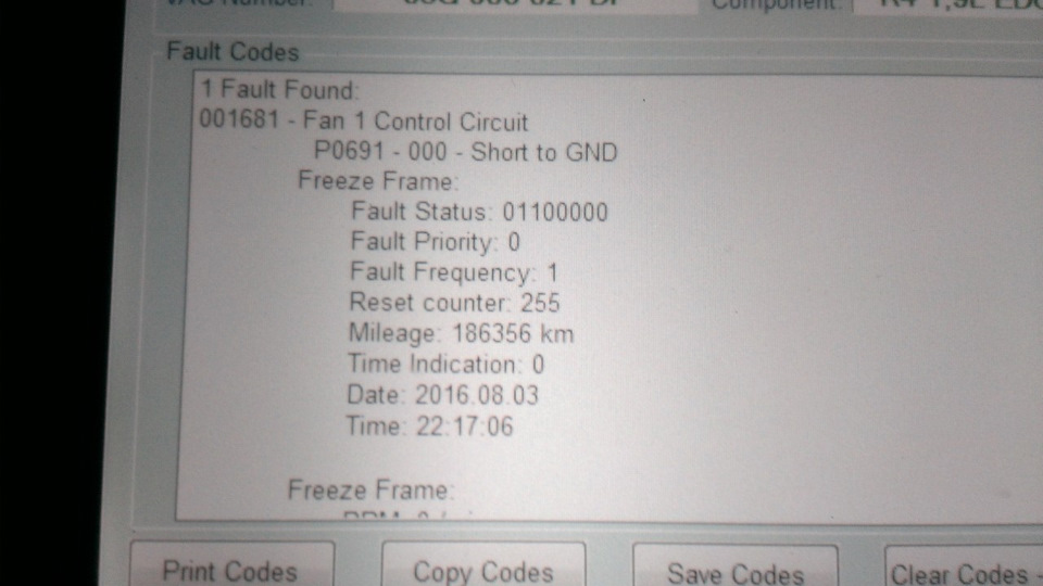 VCDS P0691 Fan 1 Control Circuit(냉각펜 고장)