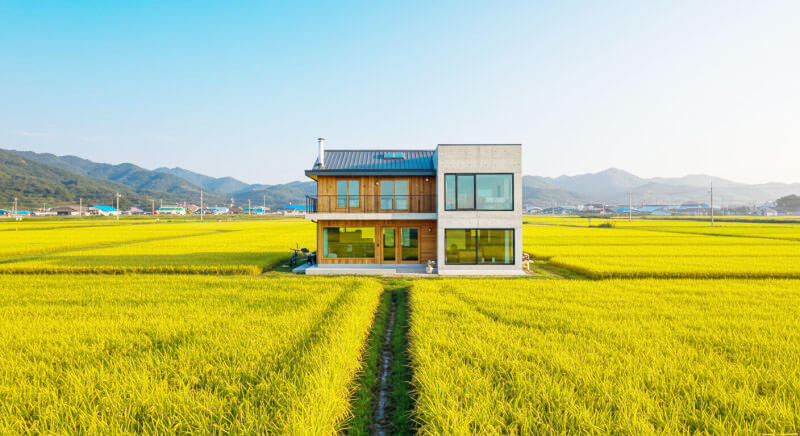 현대식 농가 주택과 논