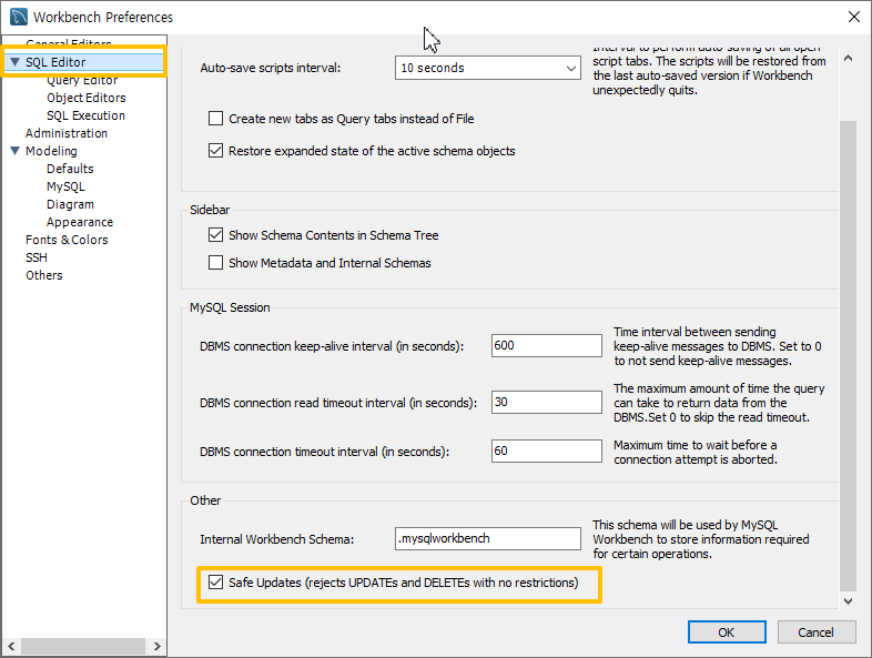  [워크벤치 오류 해결방법] Code: 1175.  You are using safe update mode and you tried to update a table without a WHERE that uses a KEY column.