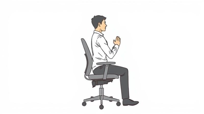 의자에 앉아 날개뼈 모으기 운동을 하는 그림