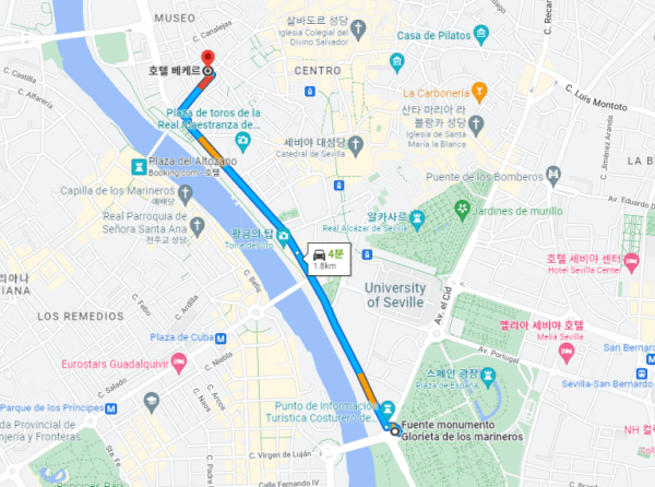 스페인 광장에서 베케르 호텔로 이동하는 경로가 표시된 구글 지도