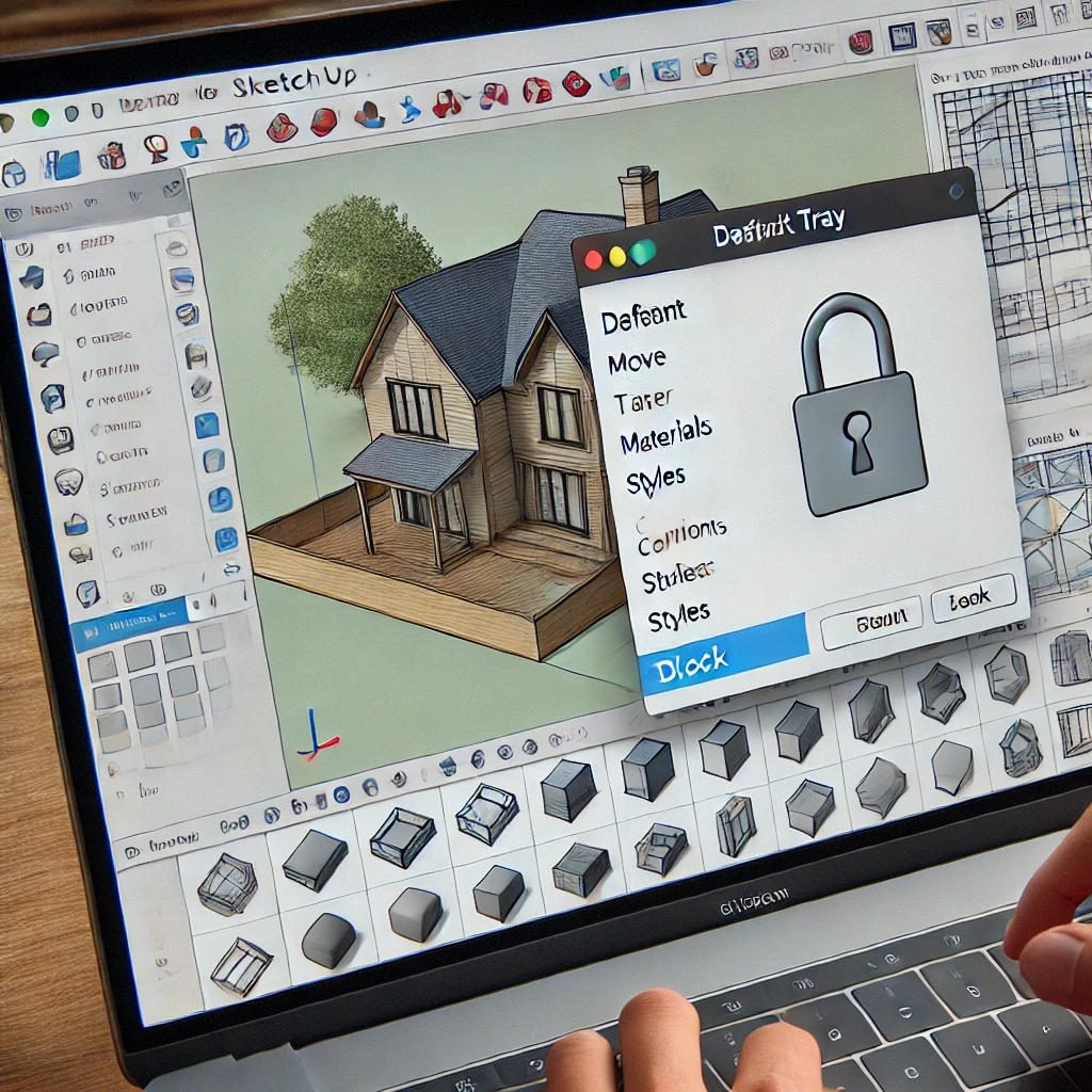 스케치업 소프트웨어 인터페이스의 스크린샷으로, 디폴트 트레이가 화면 오른쪽에 고정되어 있으며, 사용자가 트레이를 이동하려고 시도하지만 '잠금' 아이콘이 나타나 트레이가 고정된 것을 표시하고 있습니다. 트레이에는 'Materials', 'Styles', 'Components' 섹션이 포함되어 있고, 주요 작업 공간에는 주택의 3D 모델이 표시되어 있습니다.
