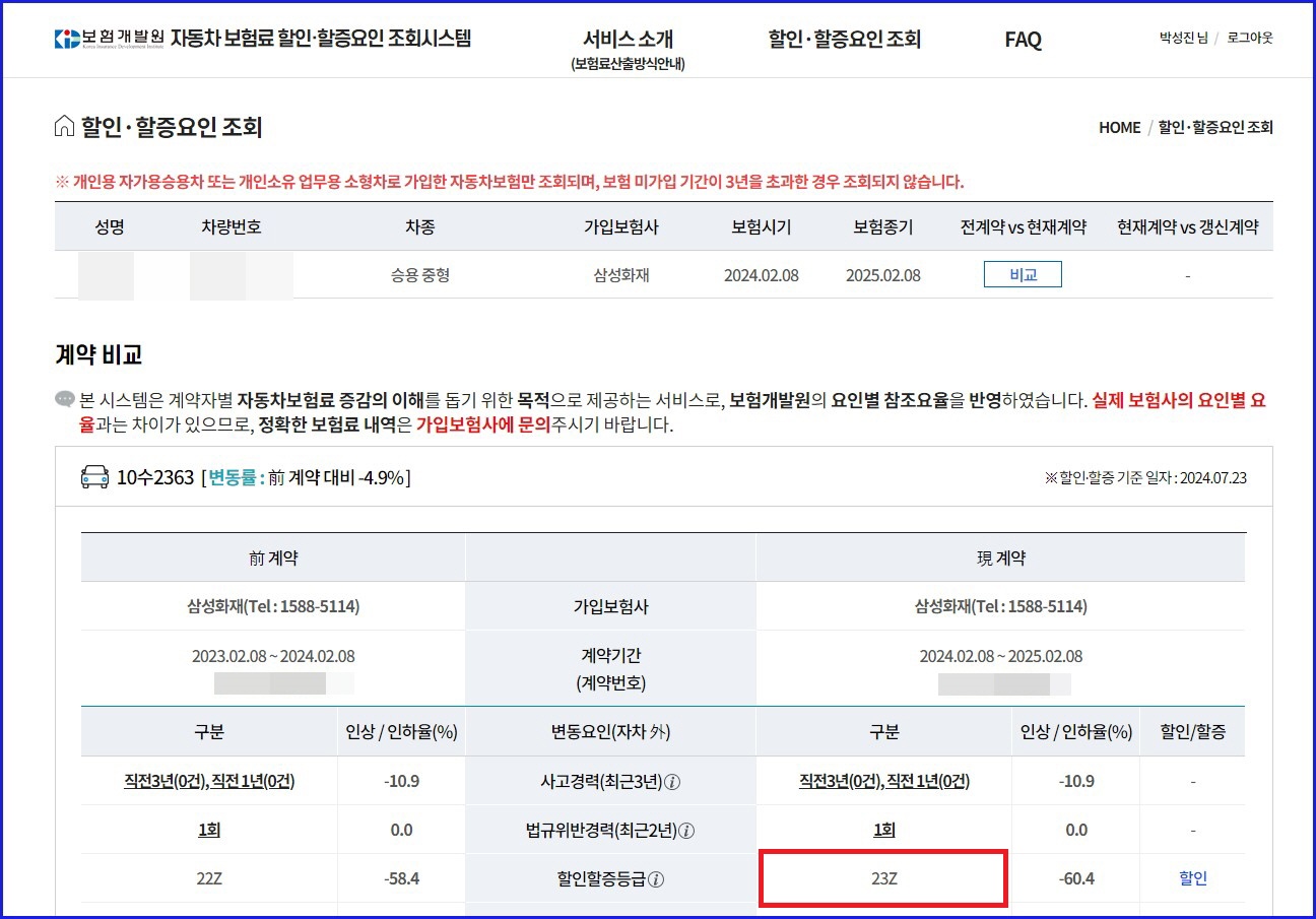 내 자동차 보험 할인 할증 등급-보험개발원7
