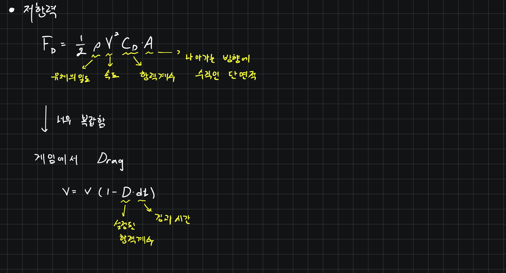 저항력-유체의밀도-속도-항력계수-단면적-유니티-드래그-Drag