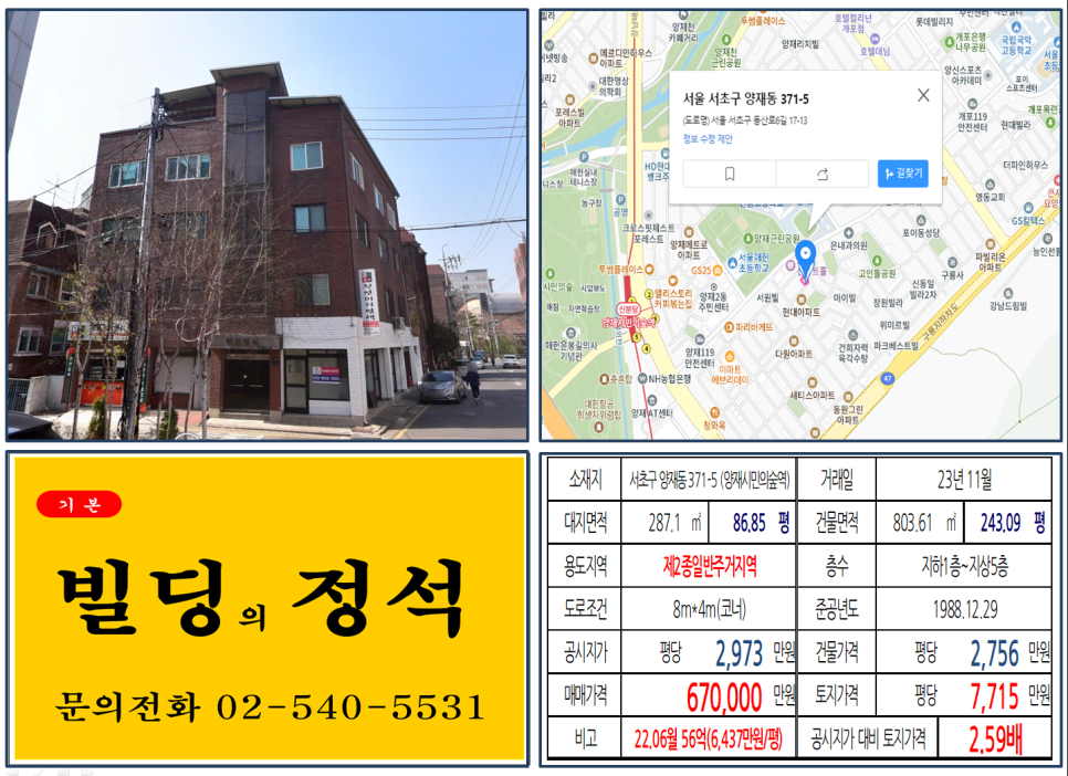  [서초구 양재동 언남고 앞 60억 꼬마빌딩 실거래가 조회] 양재동 371-5 (양재시민의숲역) 67억 원, 평당 7,715만 원 매매되었습니다.