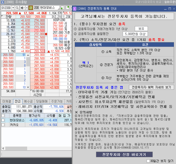  증권사 전문투자자 HTS 등록 안내 공지 및 현재 주식 종목 현황.