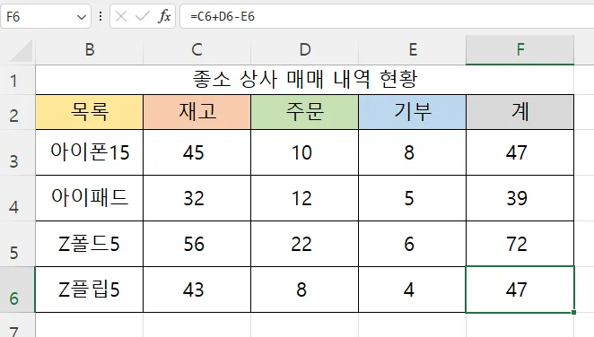 엑셀에서 매크로로 계산 결과를 채운 모습