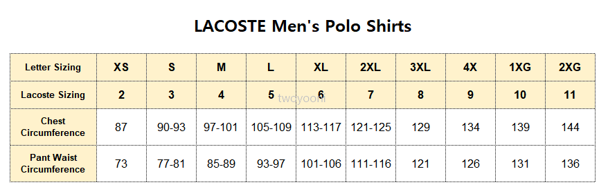 라코스테 남성 사이즈표