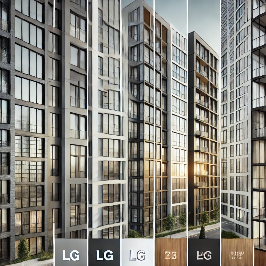 도심 아파트 단지에서 매트 블랙&amp;#44; 글로시 화이트&amp;#44; 자연 목재 패턴의 LG 창호.