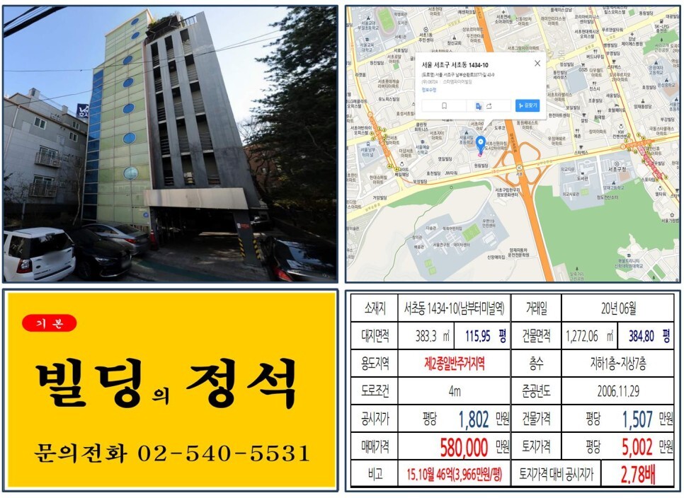  [서초구 경부고속도로지하화 수익용 50억 꼬마빌딩 실거래가 조회] 서초동 1434-10 (남부터미널역) 58억 원, 평당 5,002만 원 매매되