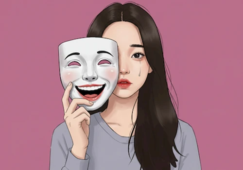 웃는 가면 뒤에 슬픔과 분노를 숨기고 있는 '착한 사람 증후군'의 내적 갈등을 표현한 일러스트.