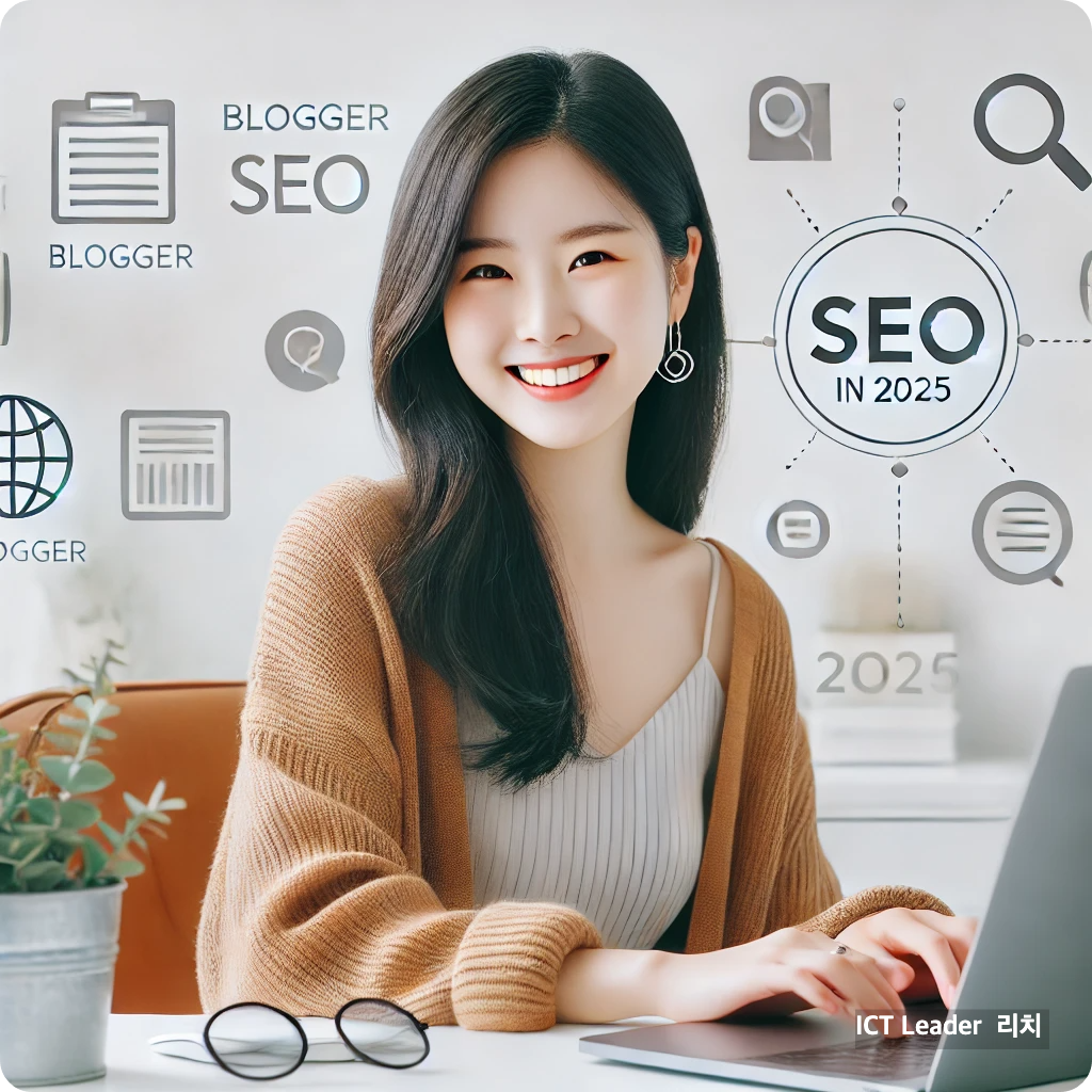 Blogger SEO 최적화 가이드를 주제로 환하게 웃으며 블로그 작업을 하는 20대 한국 여성 블로거