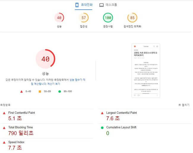 페이지 성능검사 화면 성능점수 40점
