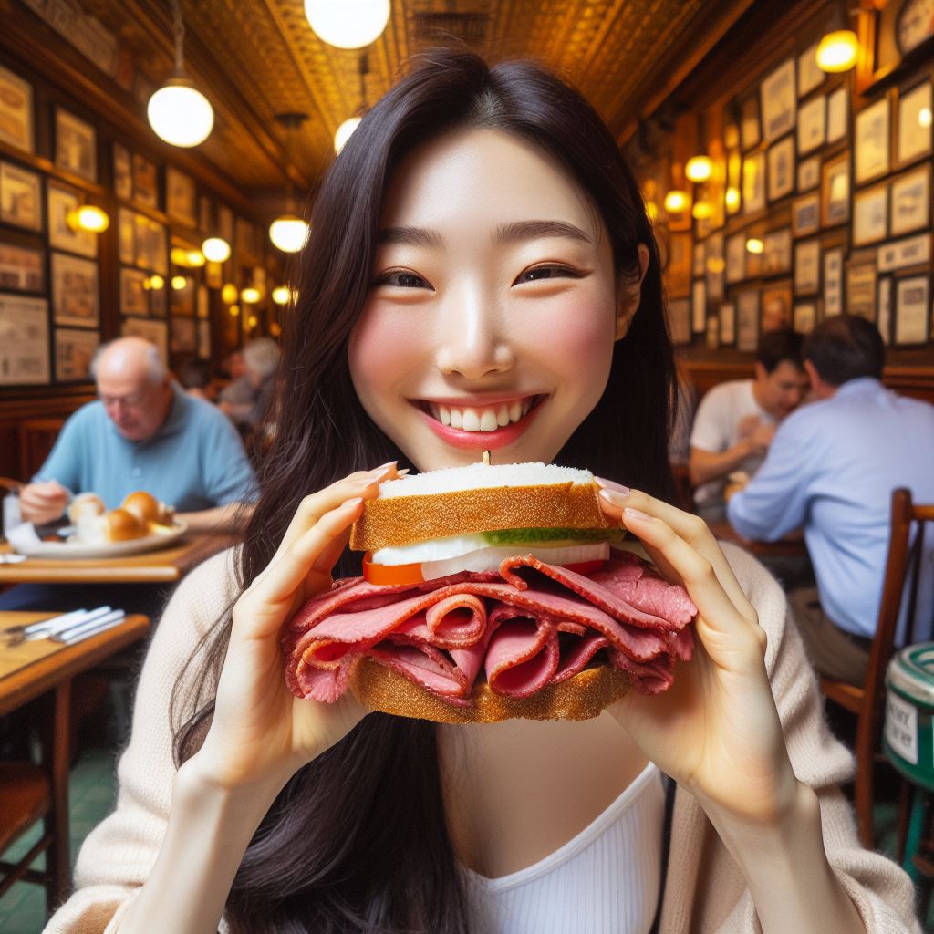 뉴욕 샌드위치 가게와 비슷한 인테리어의 가게에서 여성이 햄이 가득한 샌드위치를 양손으로 들어 보이며 웃고있습니다. 한입에 먹을 수 없을 정도로 큰 샌드위치입니다. 엄청 맛있어 보이는 샌드위치입니다.