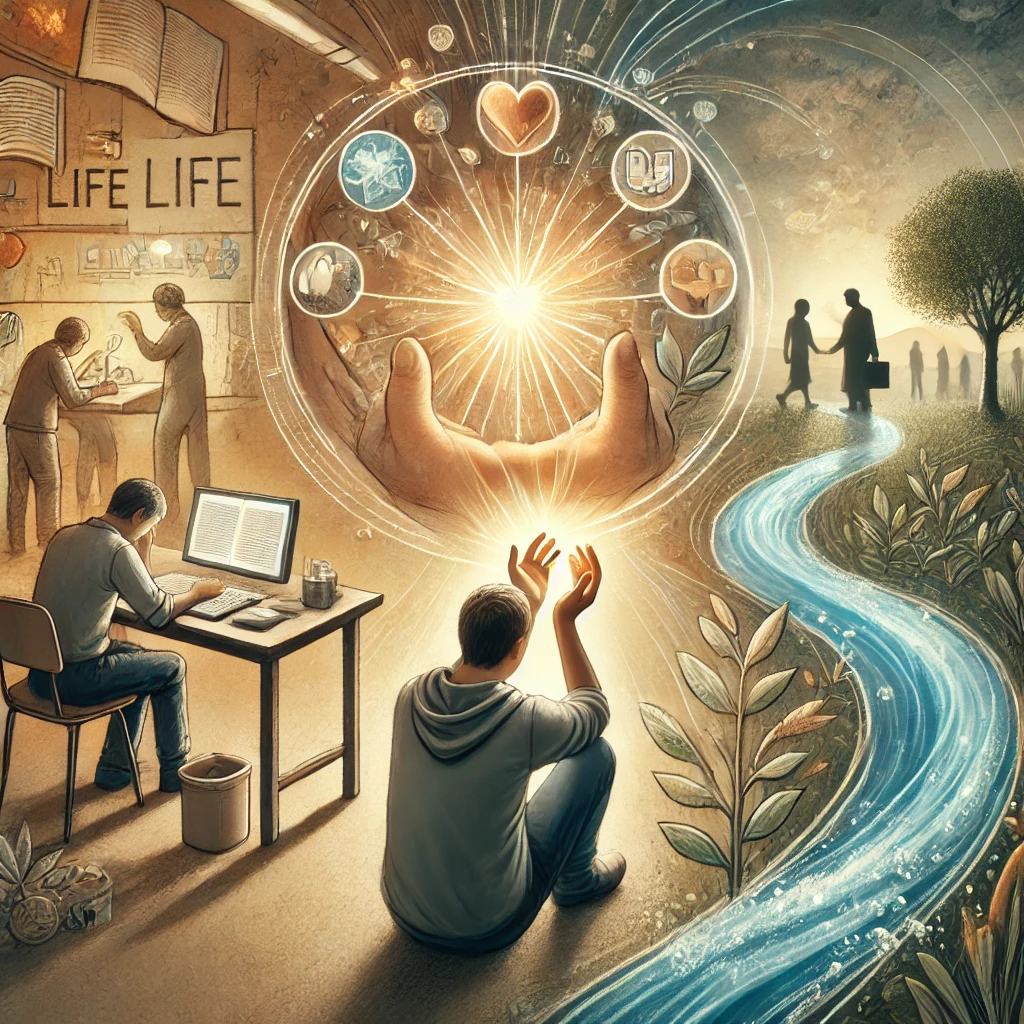 Here is the image representing a person living out Philippians 2:16 by sharing the word of life with others. It depicts an atmosphere of prayer and the flow of life into their daily tasks, while also symbolizing the life they offer to those around them. This visual captures the idea of living a life where Christ’s life-giving presence continually flows through prayer and action.