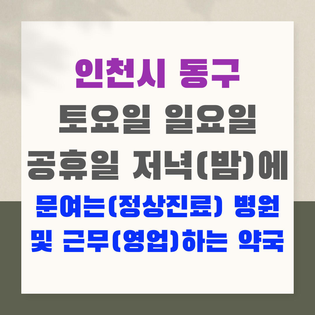 인천시 동구 토요일 일요일 공휴일 저녁(밤)에 문여는(정상진료) 병원 및 근무(영업)하는 약국