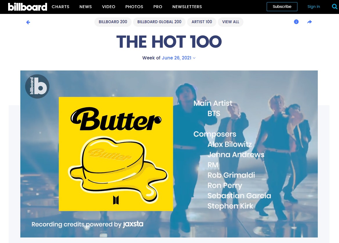  BTS 버터(Butter) 빌보드 hot100 5주 연속 1위. 레전드 기록
