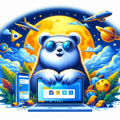 우주와 행성이 배경인 노트북 화면 속 곰 캐릭터.