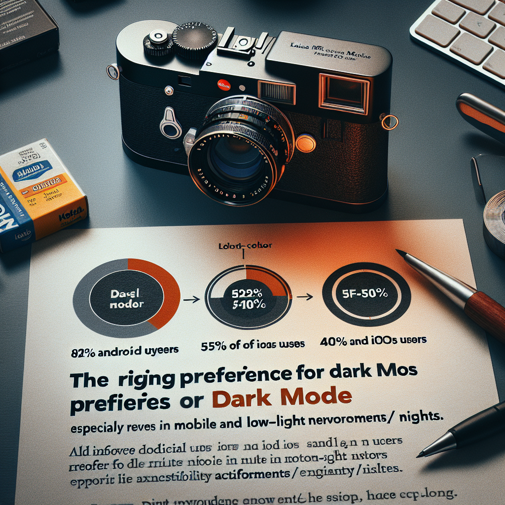 다크 모드 선호도에 대한 통계 문서. 그래프와 차트를 통해 Android 및 iOS 사용자의 다크 모드 선호 비율을 시각적으로 표현. 빈티지 카메라와 필기 도구가 함께 배치되어 있으며, 어두운 배경과 따뜻한 조명이 조화를 이룸.