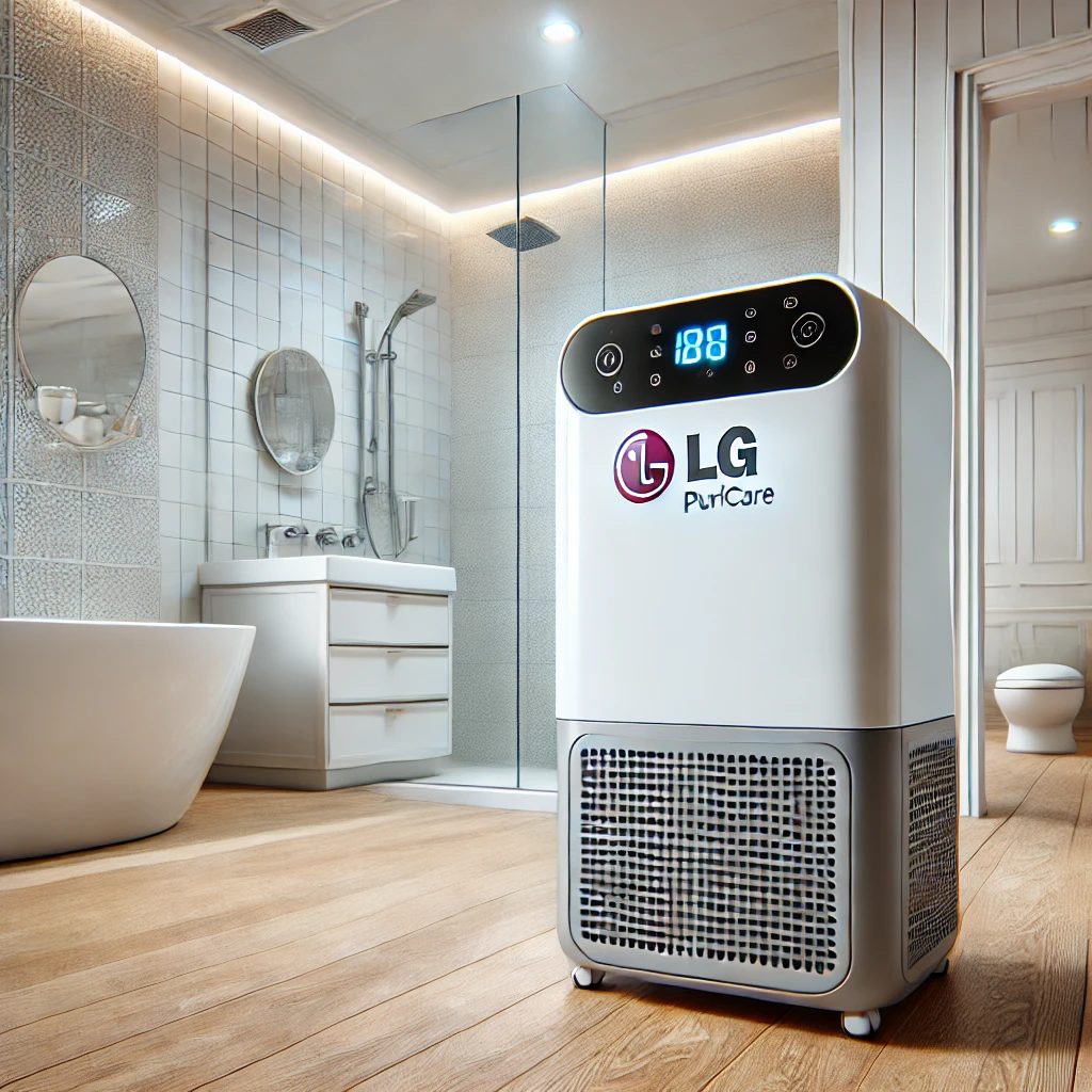 LG 퓨리케어 제습기가 욕실 바닥에 놓인 모습.