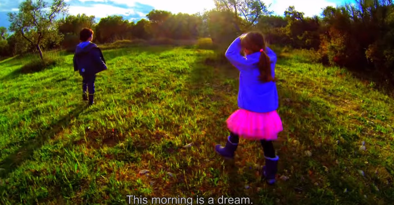 영화 언어와의 작별 중. 개 로시의 눈으로 본 두 아이들 아침산책 장면