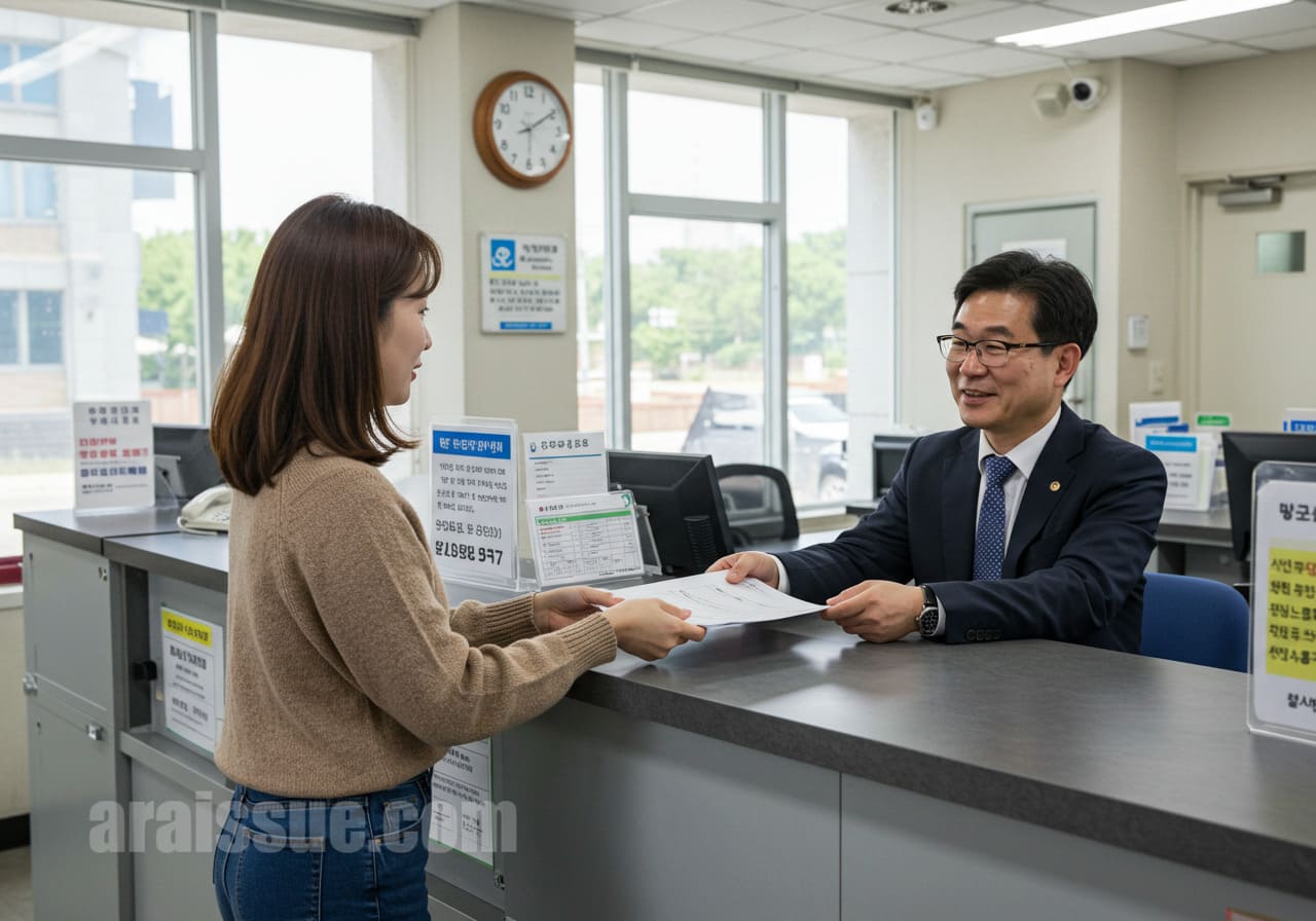 지방 행정복지센터에서 한국 여성이 신청서를 제출하고 있으며, 창구 직원이 친절하게 안내하고 있습니다. 실내는 밝고 깔끔한 분위기입니다.