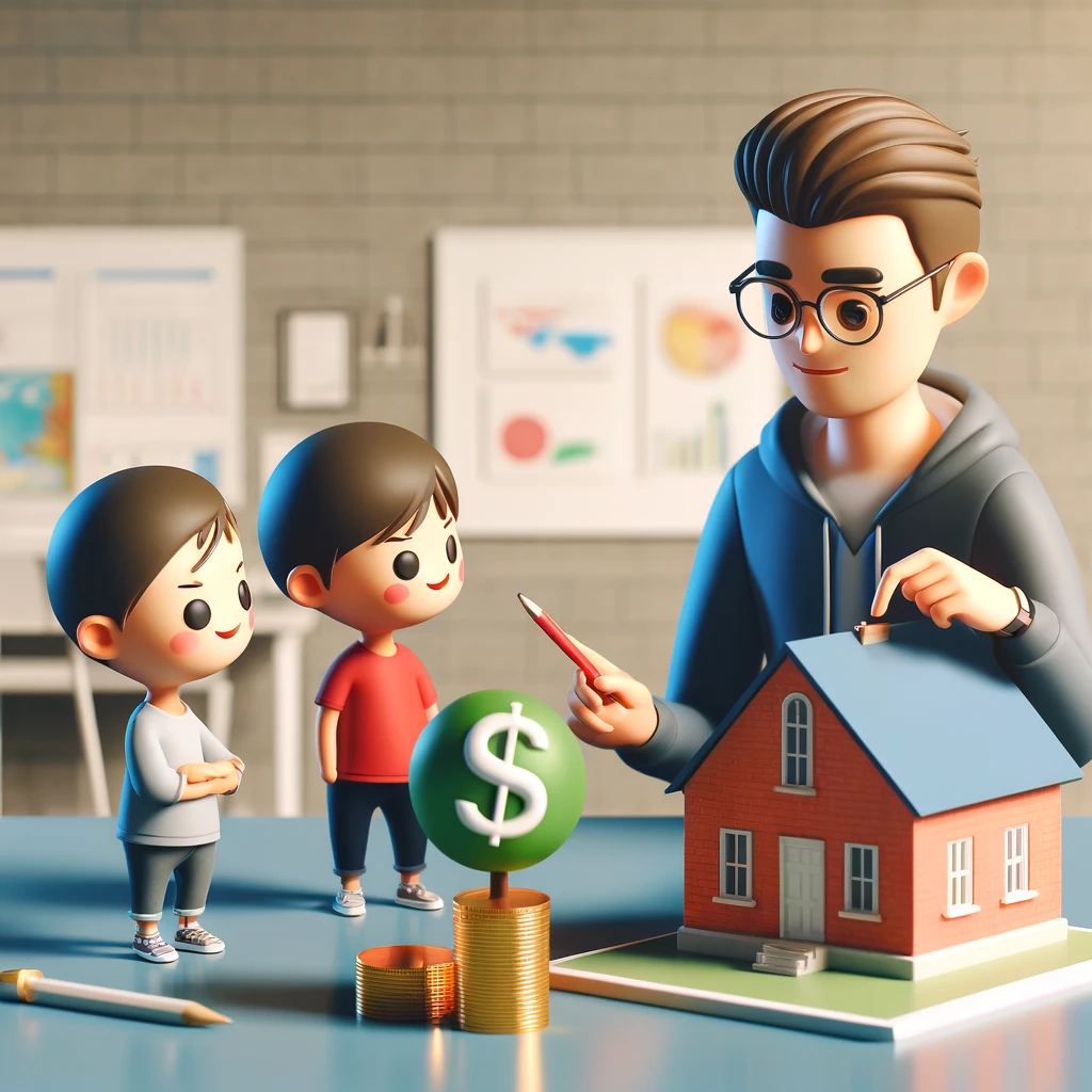 아빠 캐릭터가 아이들에게 금융 교육을 하며 작은 모형 집과 돈을 사용하여 레버리지를 설명하는 장면
