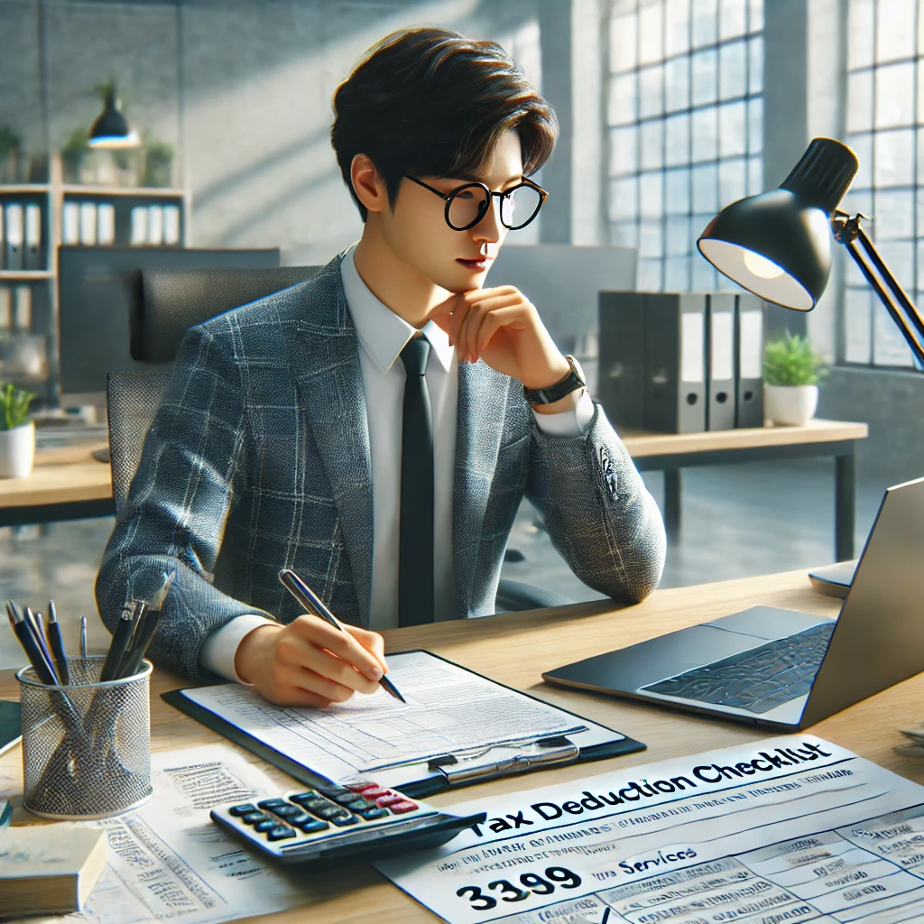 세금 공제를 위해 체크리스트를 검토하는 한국인 직장인