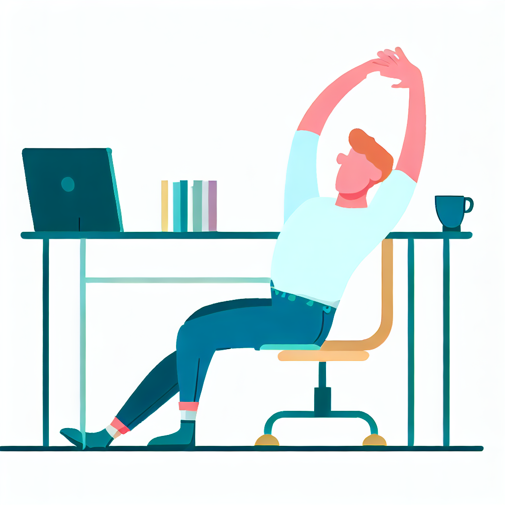 Flat vector style image of a person stretching and taking breaks during computer work.