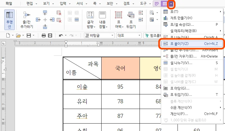 한글 표 붙이기 메뉴를 선택하는 모습