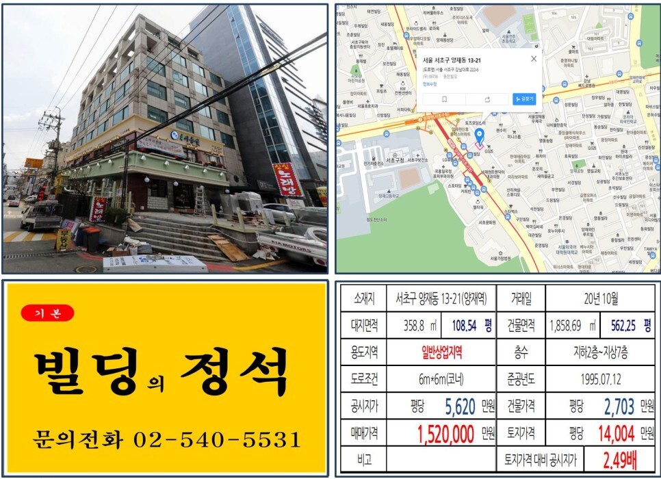  [서초구 양재역 초역세권 코너 100억 빌딩 실거래가 조회] 양재동 13-21 (양재역) 152억 원, 평당 6,649만 원 매매되었습니다.