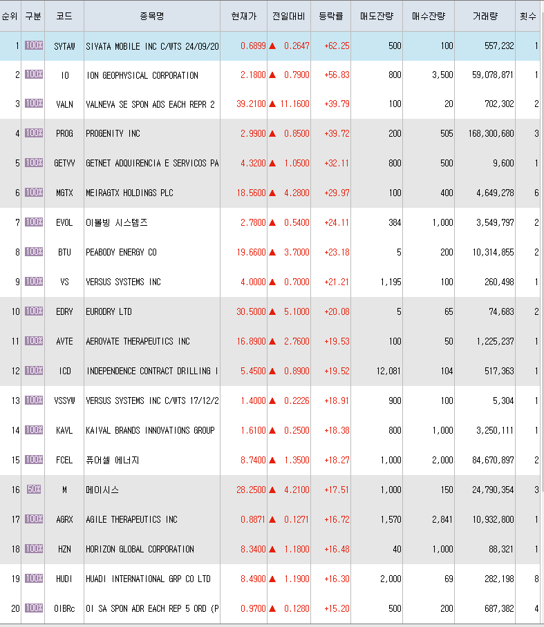  10월18일 미국주식 상승률 상위 종목 TOP 300