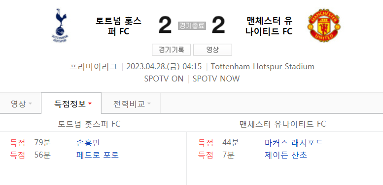  EPL 22/23 시즌 33라운드 - 토트넘 VS 맨유 경기 손흥민 주요 장면 (손흥민 리그 9호골)