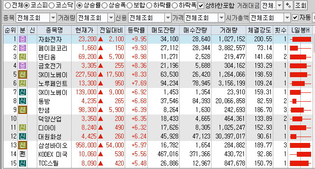  12월16일 코스피 코스닥 상한가 포함 상승률 상위 종목 TOP 100