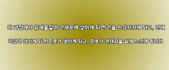  이 과정에서 유해물질이 간세포에 쌓이게 되면 간을 손상시키게 되고, 간에 이상이 생기게 되면 피로가 쌓이게 되고, 피로나 권태감을 쉽게 느끼게 됩니다