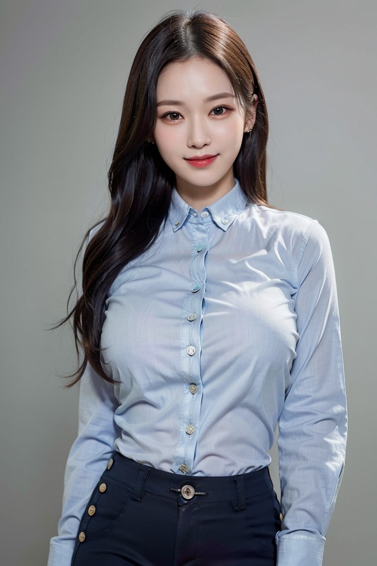  하늘색 셔츠 스키니 팬츠 여성 직장인 패션입은 AI그림