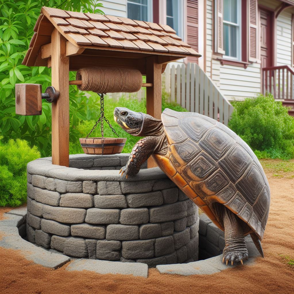 거북이가 집 앞마당에 있는 우물에 기어 올라가는그림이다.