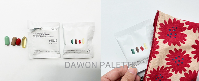 작은사이즈-파우치팩에-4가지-영양제-빨간색-초록색-갈색-노랑색-영양제를-쵤영한-이미지