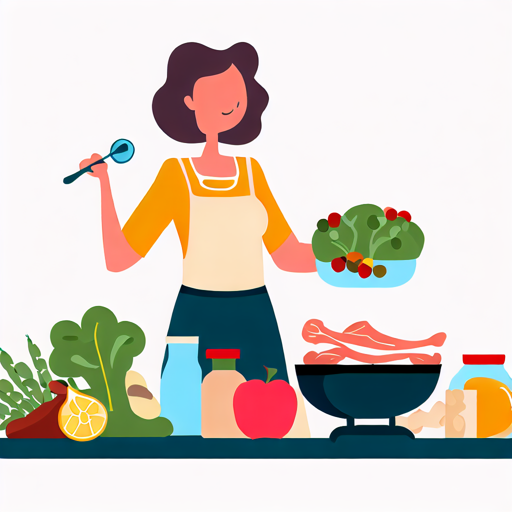 flat vector style image of a woman cooking a balanced meal with foods that prevent osteoporosis